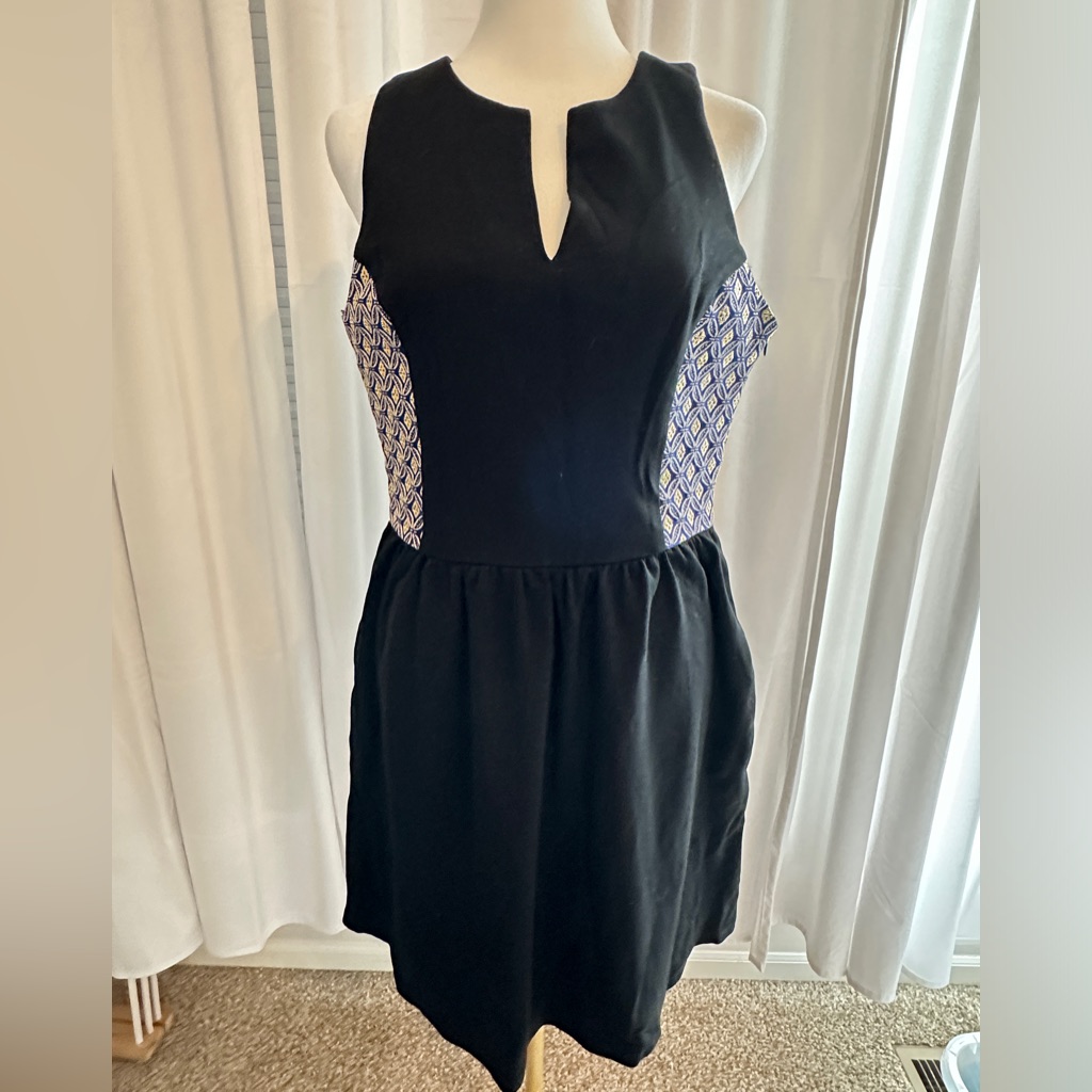 Brixon Ivy Black V-Neck Dress Size Medium Royal Blue And Gold Textile Panels